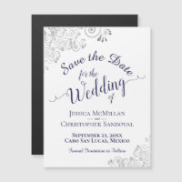 Silver Lace & Navy Blue Save the Date White Magnet