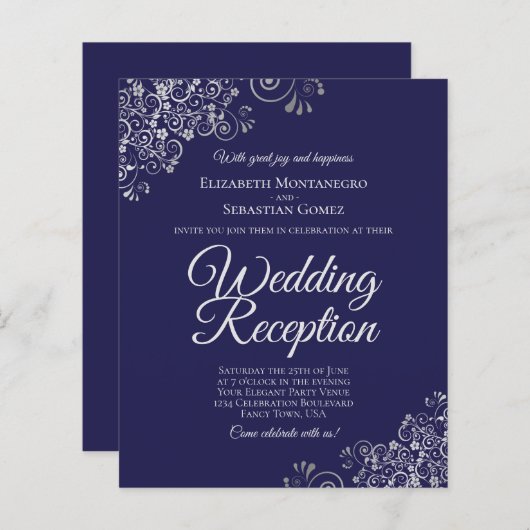 Silver Lace Navy Wedding Reception BUDGET Invite (Voorkant / Achterkant)