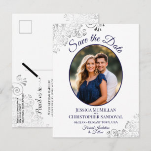 Silver Lace Navy White Wedding Save the Date Photo Aankondigingskaart