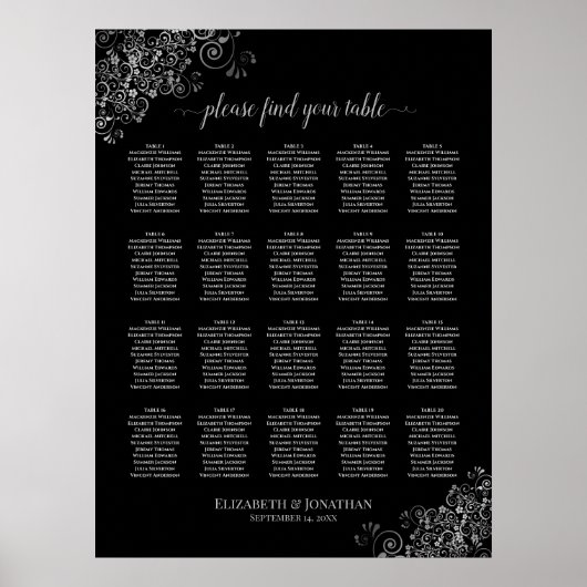 Silver Lace op Black 20 Table Seating Chart Poster (Voorkant)