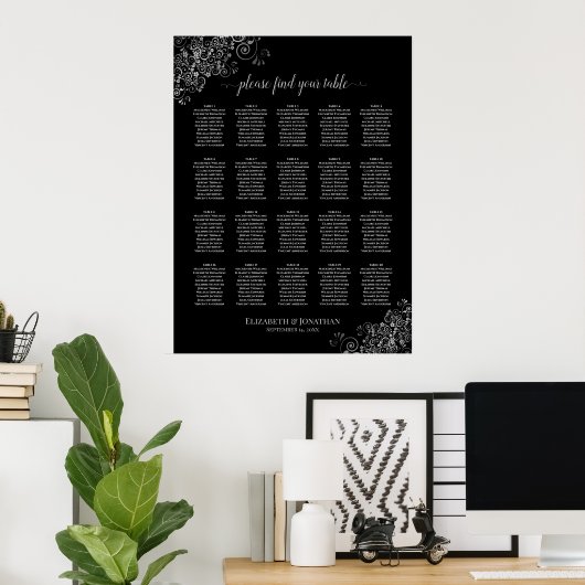 Silver Lace op Black 20 Table Seating Chart Poster (Thuiskantoor)