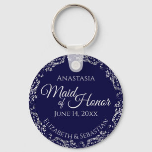 Silver Lace over Navy Blue Maid of Honor Wedding Sleutelhanger