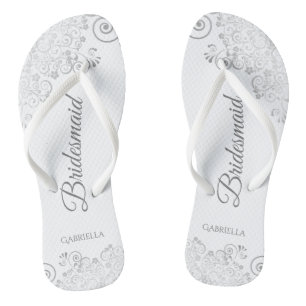 Silver Lace over White Elegant Bridesmaid Wedding Teenslippers