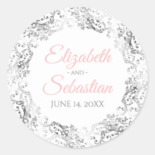 Silver Lace & Pink Script Elegant White Wedding Ronde Sticker