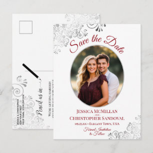 Silver Lace Red White Wedding Save the Date Photo Aankondigingskaart