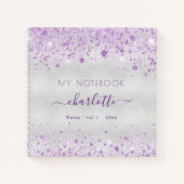 Silver lavendel glitter paarse naam script notitieboek (Voorkant)