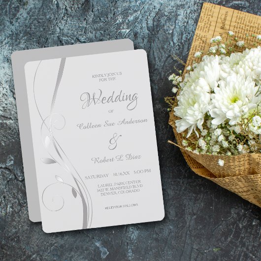 Silver Leaf Swirl Bleek Gray Wedding Invitation Kaart