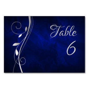 Silver Leaf Swirl Deep Blue WeddenTable Number Kaart