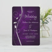Silver Leaf Swirl Deep Paars Wedding Kaart (Staand voorkant)