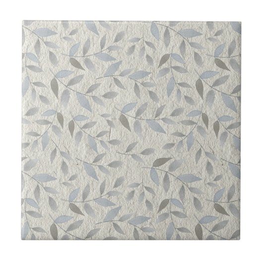 Silver Leaves on Grey Texture Print Ceramic Tile Tegeltje (Voorkant)