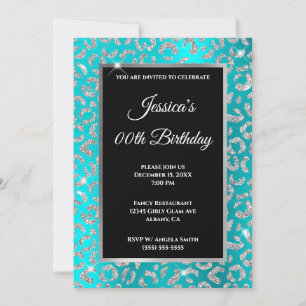 Silver Leopard Glitter Turquoise Blue Birthday Kaart