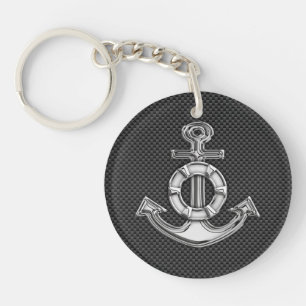 Silver Lifesaver Anchor op zwarte koolstofvezel Sleutelhanger