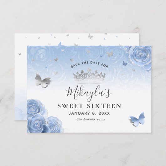 Silver Light Baby Blue Rozen Elegant Save The Date (Voorkant / Achterkant)