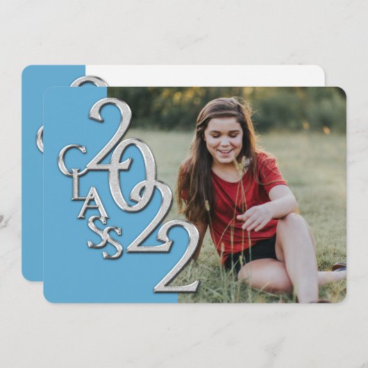 Silver Light Blue 2022 Photo Afstuderen Invitation Kaart (Voorkant / Achterkant)
