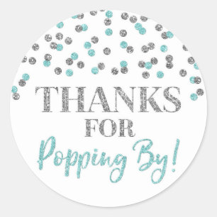 Silver Light Blue Confetti Bedankt voor Popping By Ronde Sticker