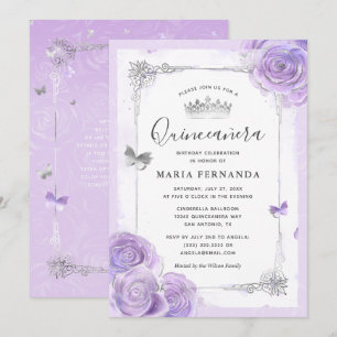Silver Light Paarse Rozen Elegant Quinceanera Kaart
