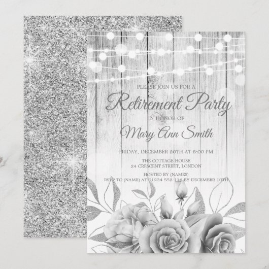 Silver Lights & Flowers Rustic Retirement Party Kaart (Voorkant / Achterkant)