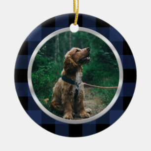 Silver Lijst Dog Foto Navy Blue Pset Tartan Keramisch Ornament