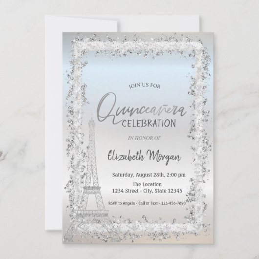 Silver Lijst Eiffeltower Silver Quinceanera Kaart (Voorkant)