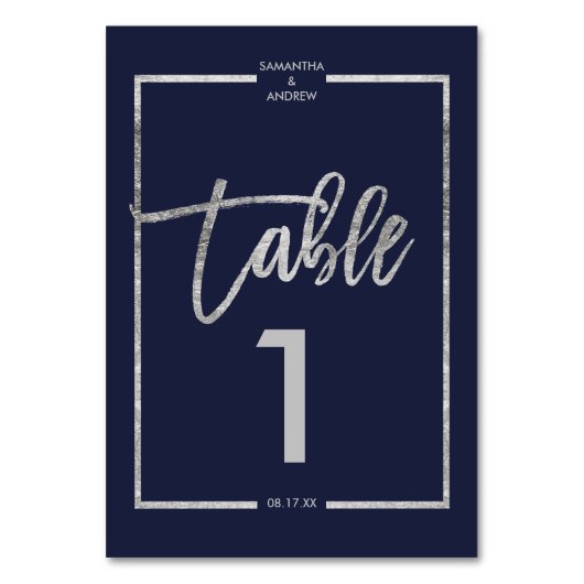 Silver lijst script navy blue table number kaart (Voorkant)