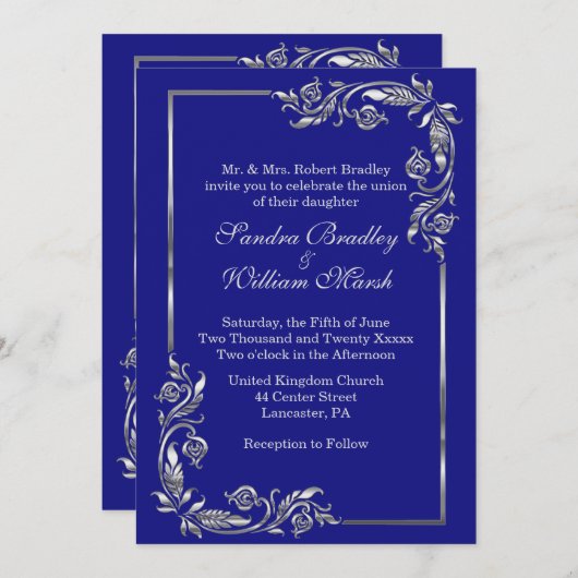 Silver Lijst Stunning Navy Invitation Kaart (Voorkant / Achterkant)