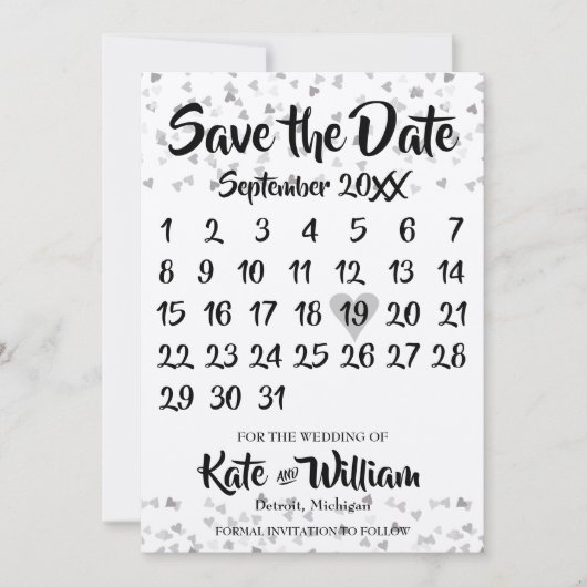 Silver Love Heart Calendar Bewaar de datum Save The Date (Voorkant)
