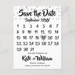 Silver Love Heart Calendar Save the Date Aankondigingskaart