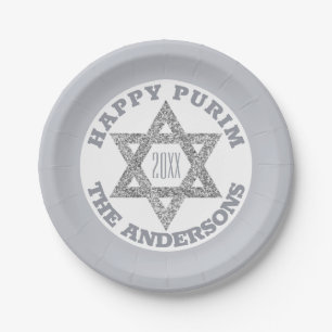 Silver Magen David Star Happy Purim Party Papieren Bordje
