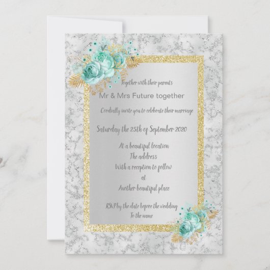 Silver marble floral bruiloft met aqua floral gold kaart (Voorkant)
