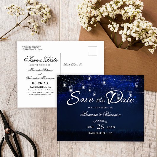 Silver Mason Jar String Lights Blue Save the Date Aankondigingskaart