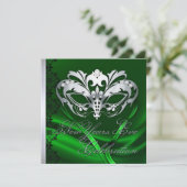 Silver Masquerade Mask Green New Years Uitnodiging (Staand voorkant)
