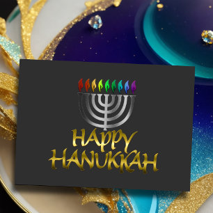 Silver Menorah Rainbow Flames Happy Hanukkah Feestdagen Kaart