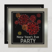 Silver met Red Fireworks New Years Party Kaart (Voorkant / Achterkant)