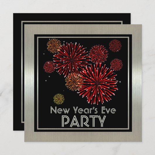 Silver met Red Fireworks New Years Party Kaart (Voorkant / Achterkant)