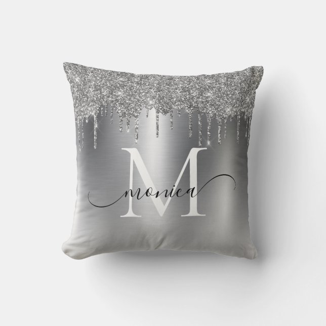 Silver Metal Glitter Drift Monogram Naam Kussen (Voorkant)