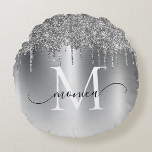Silver Metal Glitter Drift Monogram Naam Rond Kussen
