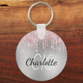 Silver metal glitter druppelt roze monogram initia sleutelhanger (Voorkant)
