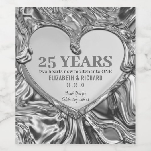 Silver Metal Heart Wedding Jubileum Wijn Etiket (Enkel label)