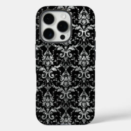 Silver Metallic Damask op Black iPhone 16 Pro Hoesje