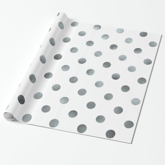 Silver Metallic Faux Foil Small Polka Dot White Cadeaupapier (Uitgerold)
