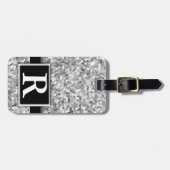 Silver Metallic Glitter Modern Elegant Monogram Bagagelabel (Voorkant horizontaal)