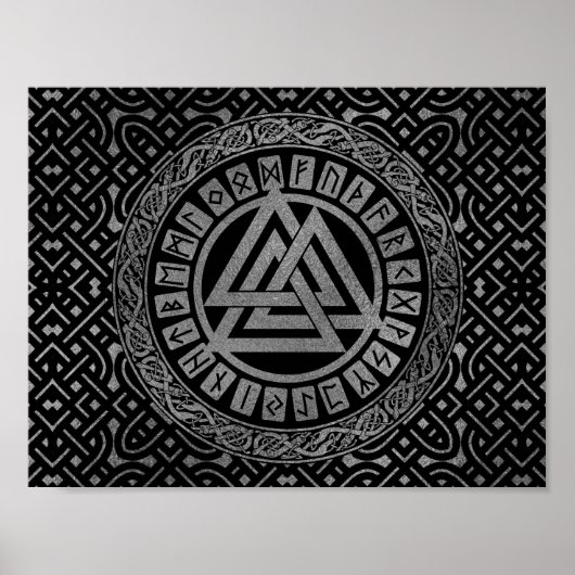 Silver Metallic Valknut Symbool op Keltisch Patroo Poster (Voorkant)