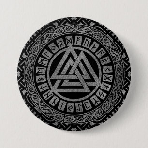 Silver Metallic Valknut Symbool op Keltisch Patroo Ronde Button 7,6 Cm