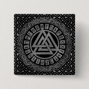 Silver Metallic Valknut Symbool op Keltisch Patroo Vierkante Button 5,1 Cm