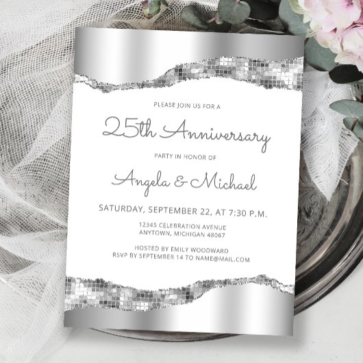 Silver Mirror Foil 25th Anniversary Invitation Briefkaart