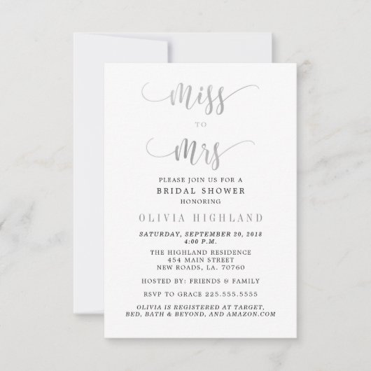 Silver Miss tegen Mrs Bridal Shower Uitnodigingen (Voorkant)