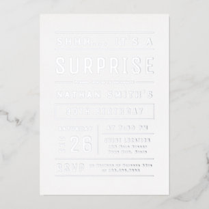 Silver Modern Simple Typography Surprise Birthday Folie Uitnodiging