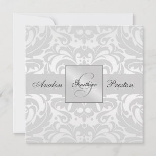 Silver Monogram Damask Wedding Uitnodiging