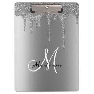 Silver Monogram Glitter Drips  naam Klembord