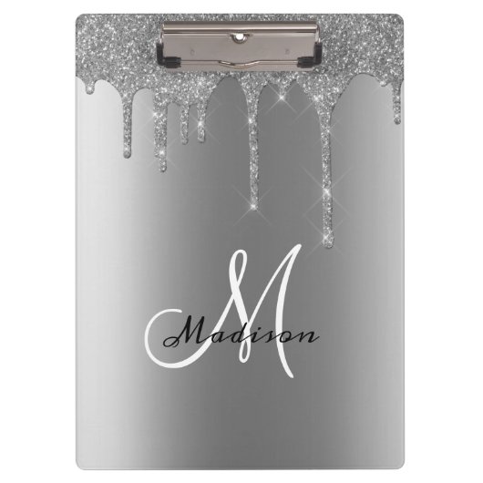 Silver Monogram Glitter Drips  naam Klembord (Voorkant)